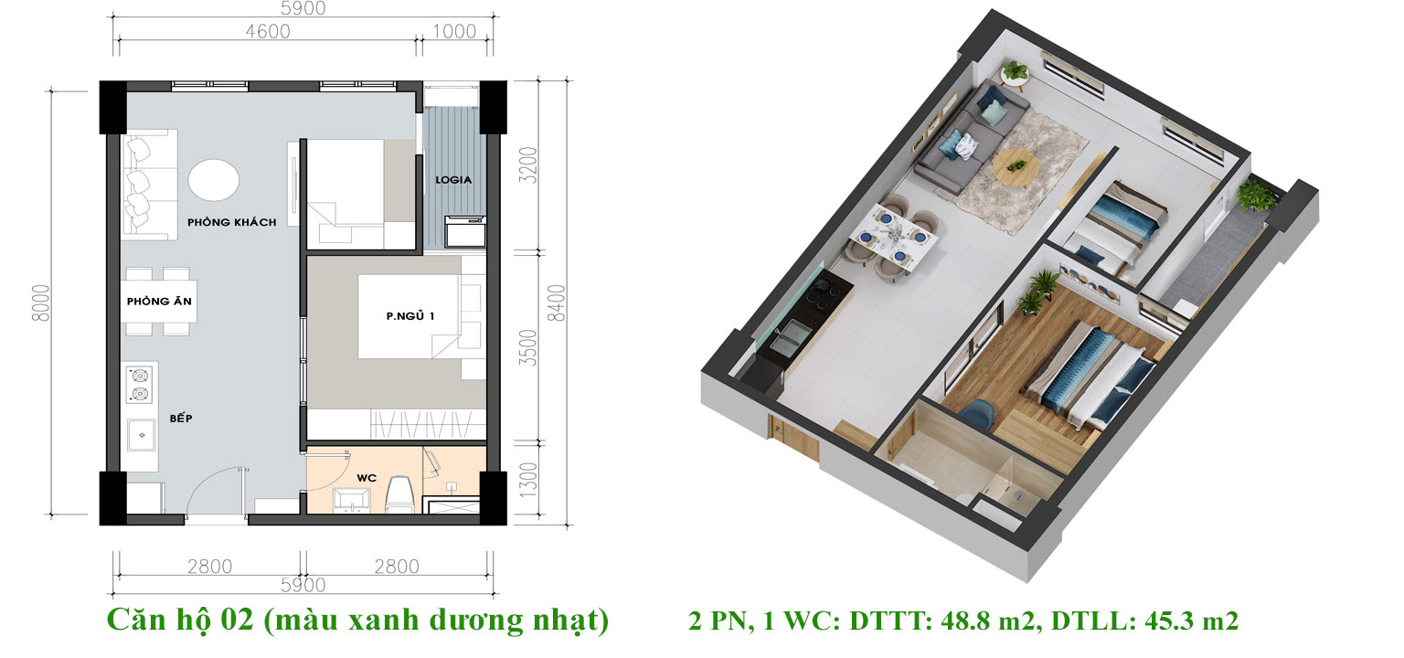 Thiết kế căn hộ mẫu Pi City Quận 12 loại 48m2
