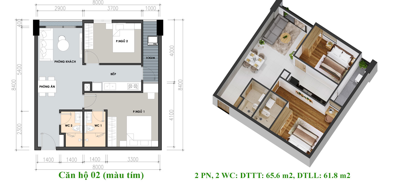Thiết kế căn hộ mẫu Pi City Quận 12 loại 65.6 m2 – Loại 1