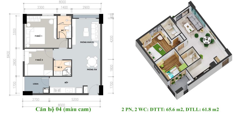 Thiết kế căn hộ Pi City Quận 12 loại 65.6 m2 - Loại 2